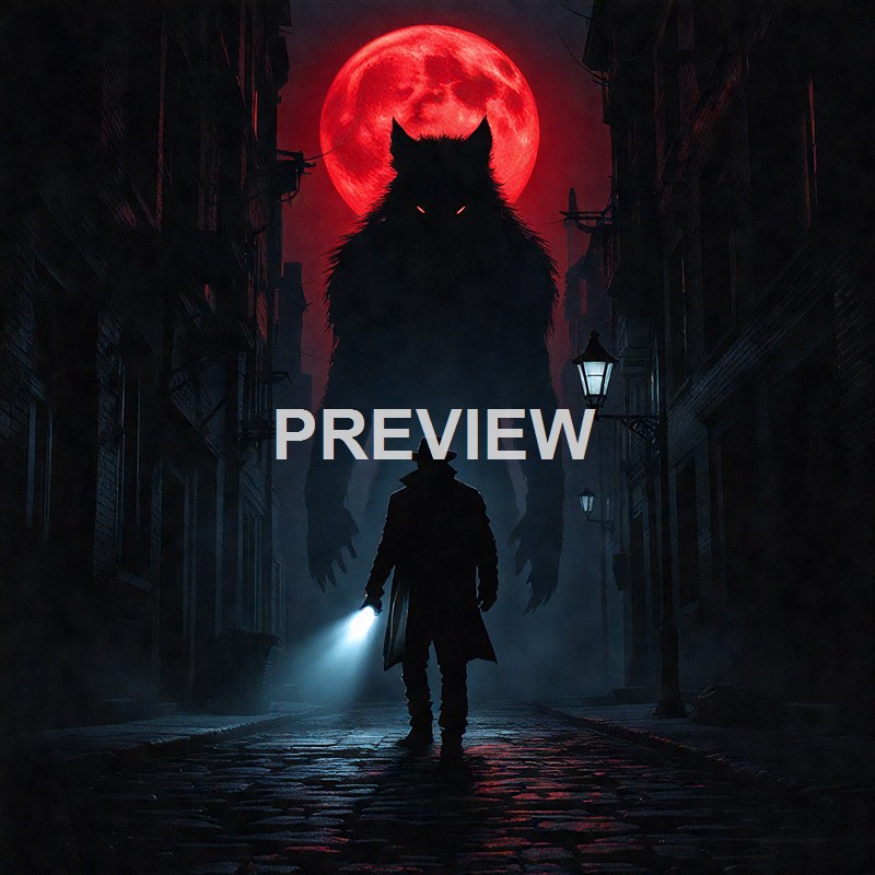 A silhouette of a man holding a flashlight walking down a foggy cobblestone street at night, with a giant, menacing black wolf-like creature with glowing eyes towering behind a large red moon in the sky.